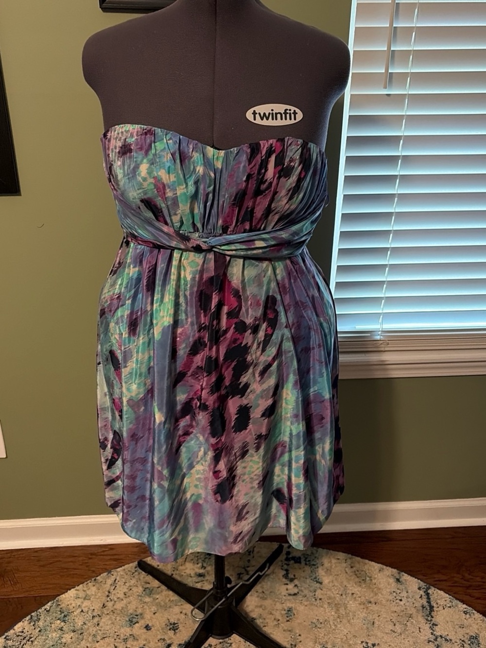 Jessica Simpson Strapless Dress in Teal Purple Pink Watercolor Print